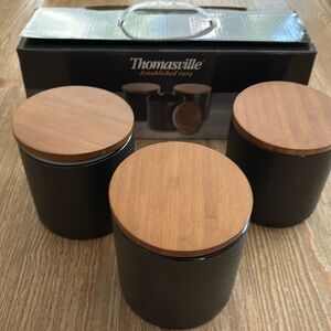 Thomasville - 3 Black Ceramic Containers            with Acadia Wooden Tops